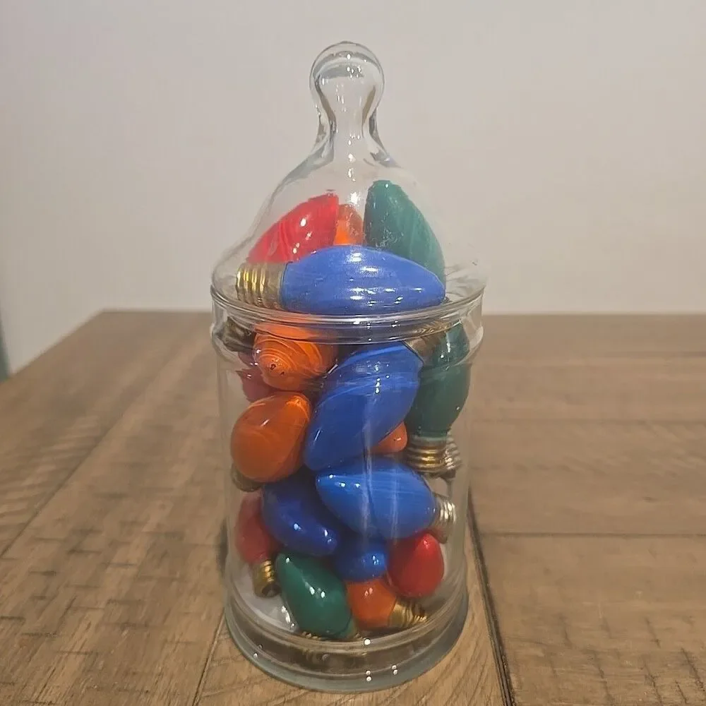 Vintage Christmas Bulbs in Apothocary Jar Red Orange Blue Green White Colorful